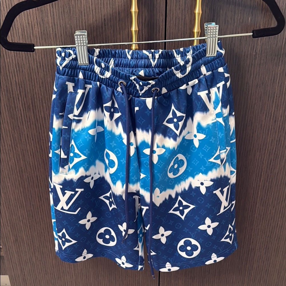 Blue and White Monogram Tie-Dye Shorts